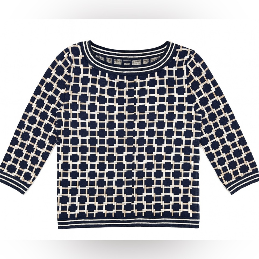 Talbots merino wool Navy and White Geometric Sweater